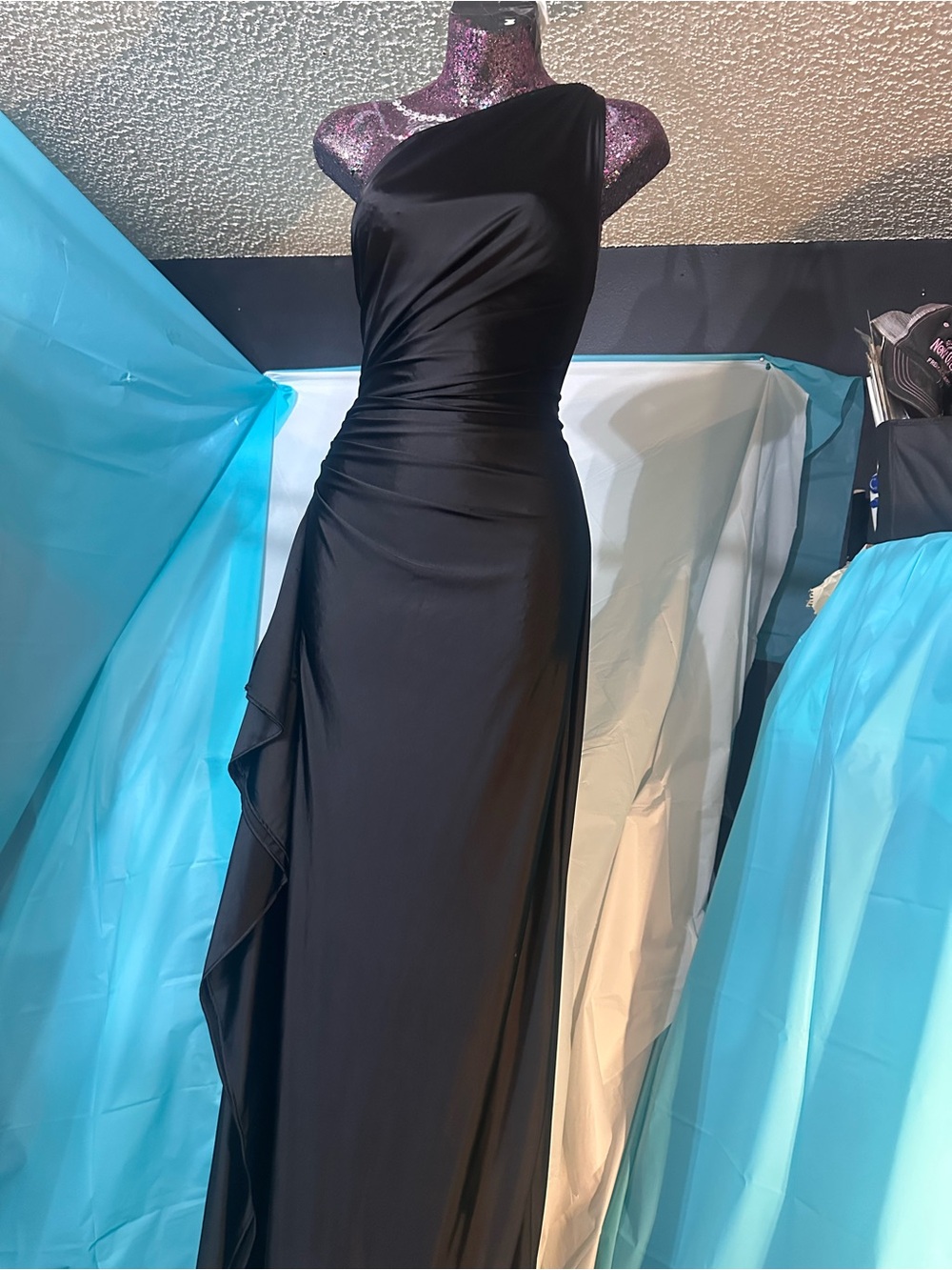 One-Shoulder Black Evening Gown with Side Drape